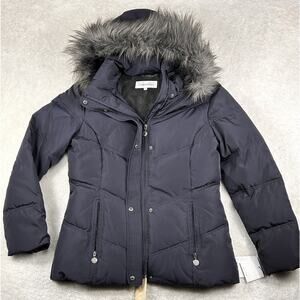 Calvin Klein Down Jacket Women’s Sz M Navy Blue Puffer Coat Faux Fur Hood $225